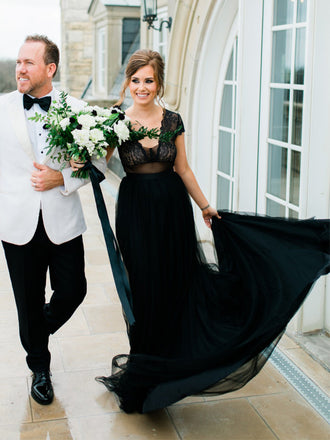 Pretty V-neck Vintage Lace Tulle Black Open Back Long Wedding Dresses Evening Dresses, WD1136