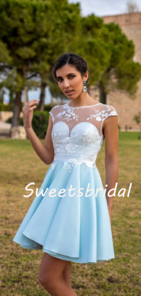 Sexy Sweetheart Lace Satin A Line Short Homecoming Dresses, BTW244