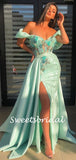 Simple Off-shoulder Mermaid Side Slit Satin Long Prom Dresses.SW1153