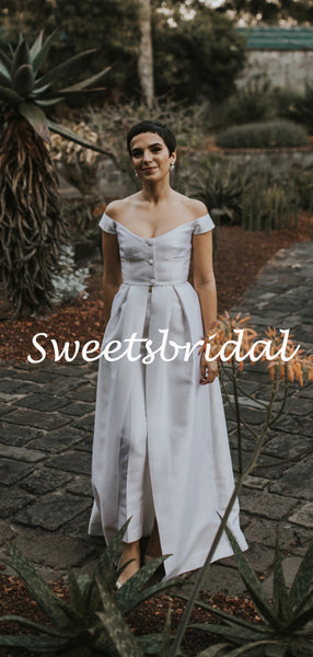 Charming V-neck Off-shoulder A-line Sleeveless Long Wedding Dresses,WD1150