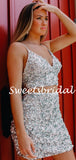Simple V-neck Two-piece Sequin Mini Short Homecoming Dresses, BTW304