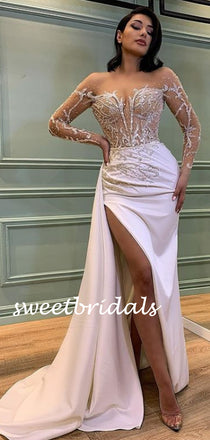 Simple Mermaid Side Slit Satin See-through Long Prom Dresses.SW1177
