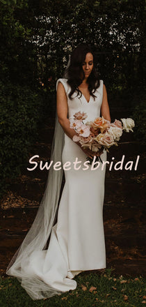 Pretty V-neck Mermaid With Train Sleeveless Long Wedding Dresses Evening Dresses, WD1129