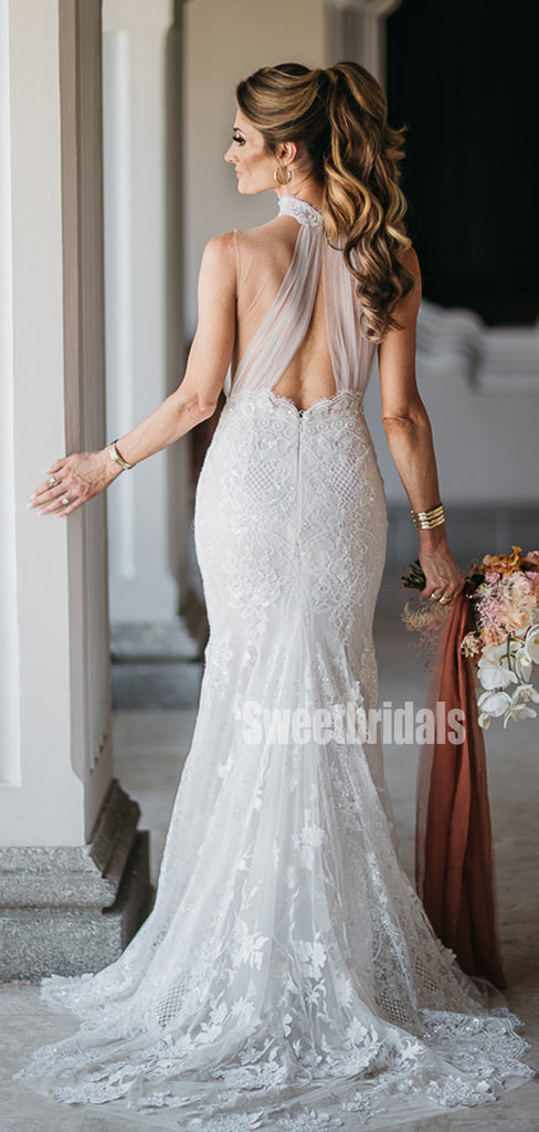 New Arrival Halter Mermaid Lace Simple Long Wedding Dresses, WG206
