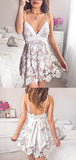 Elegant V Neck Backless Lace A Line Short Homecoming Dress, BTW216