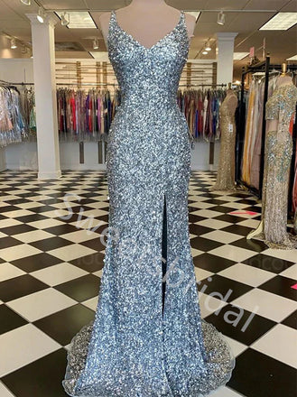 Sexy V-neck Sleeveless Side slit Mermaid Prom Dresses,SW1714