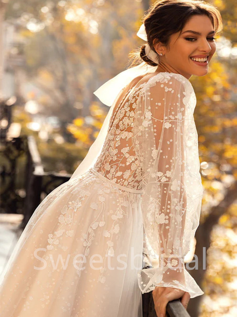 Elegant V-neck Long sleeves A-line Lace applique Wedding Dresses