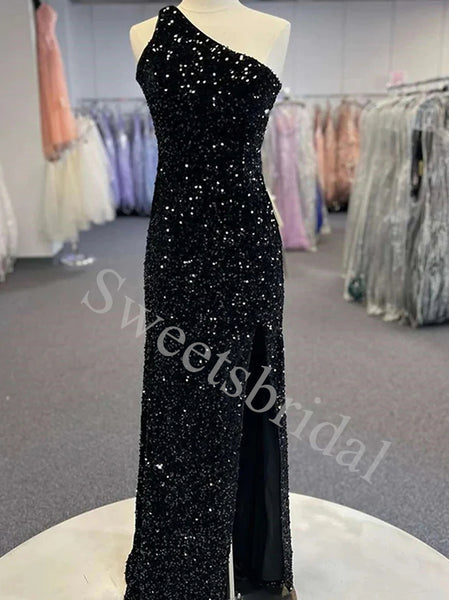 Black Elegant One shoulder Side slit Mermaid Prom Dresses,SW1793