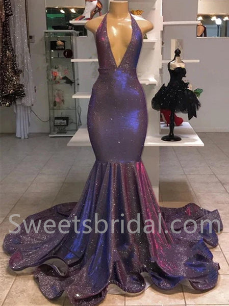 Sexy Deep V-neck Sleeveless Mermaid Prom Dresses, SW1516