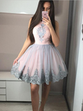 Cute A Line Round Neck Lace Applique A Line Short Homecoming Dress, BTW173