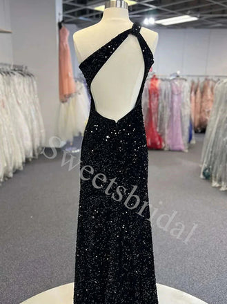 Black Elegant One shoulder Side slit Mermaid Prom Dresses,SW1793