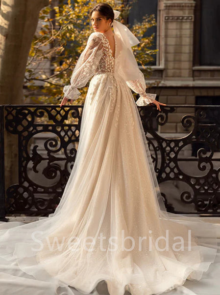 Elegant V-neck Long sleeves A-line Lace applique Wedding Dresses,DB0299
