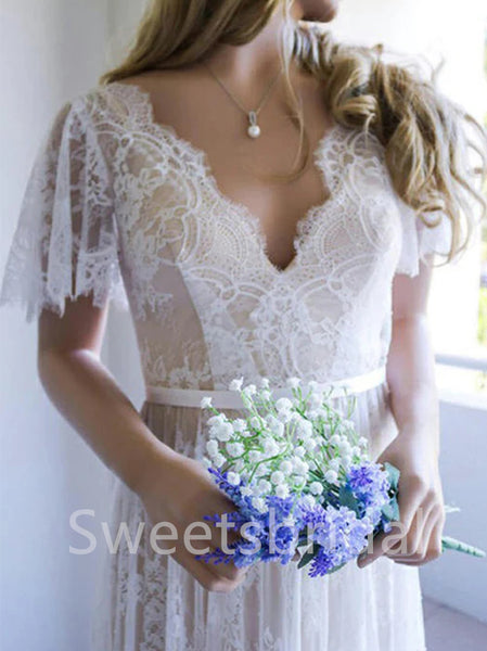 Sexy V-neck Cap-sleeves A-line Lace applique Wedding Dresses,DB0306