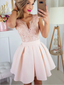 Newest Deep V Neck Lace Top Satin A Line Short Homecoming Dress, BTW178