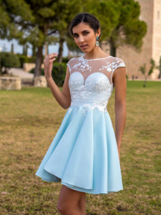 Sexy Sweetheart Lace Satin A Line Short Homecoming Dresses, BTW244