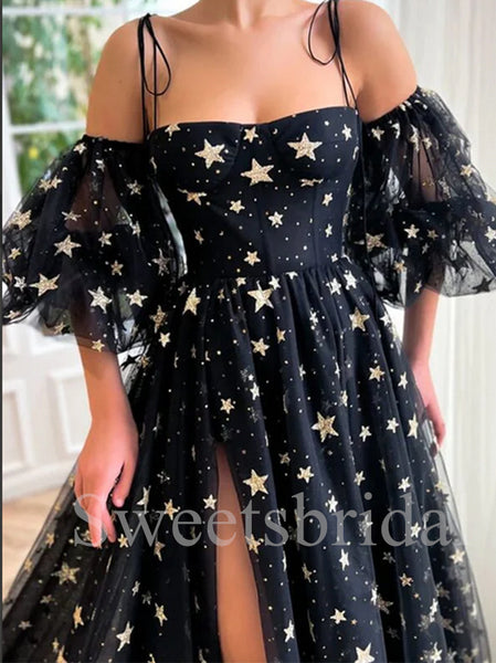Elegant Off shouldr Side slit A-line Star Prom Dresses,SW1555