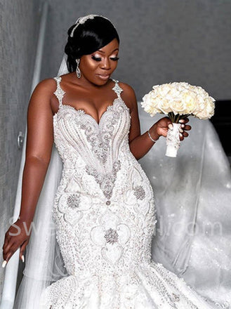 Sexy V-neck Spaghetti straps Mermaid Lace applique Wedding Dresses,DB0288