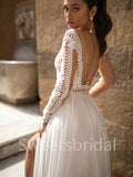 Sexy V-neck Long sleeves Side slit A-line Lace applique Wedding Dresses,DB0311