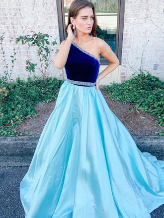 Simple One-shoulder A-line Satin Cheap Long Prom Dresses.SW1208