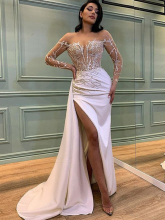 Simple Mermaid Side Slit Satin See-through Long Prom Dresses.SW1177