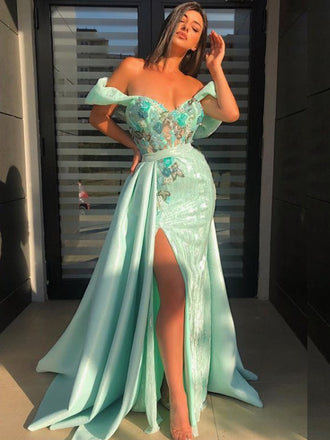 Simple Off-shoulder Mermaid Side Slit Satin Long Prom Dresses.SW1153