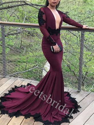 Sexy V-neck Long sleeves Mermaid Prom Dresses,SW1860