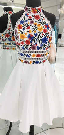 Unique Halter Open Back Satin A Line Short Homecoming Dress, BTW175