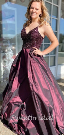 A-line V-neck Spaghetti Strap Satin Sequin Long Prom Dresses.SW1187