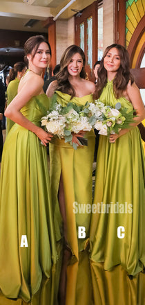 Mismatched A-line Satin Simple Charming Long Bridesmaid Dresses,SWE1250