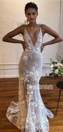 Charming V-neck Mermaid Lace Simple Open Back Wedding Dresses, WG207