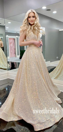 Simple V-neck A-line Sequin Cheap Long Prom Dresses.SW1209