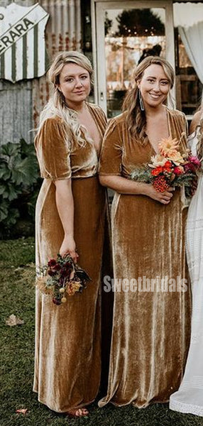 Simple V-neck Velvet Short Sleeve Long Bridesmaid Dresses Online, SWE1233