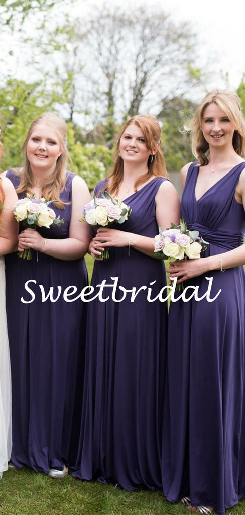 Charming V-neck Floor-length Sleeveless Long Bridesmaid Dresses, SW1124
