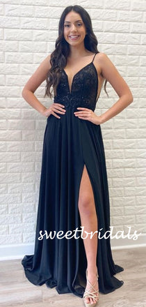 Simple V-neck Side Slit A-line Chiffon Long Prom Dresses.SW1178