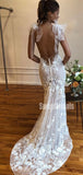 Charming V-neck Mermaid Lace Simple Open Back Wedding Dresses, WG207