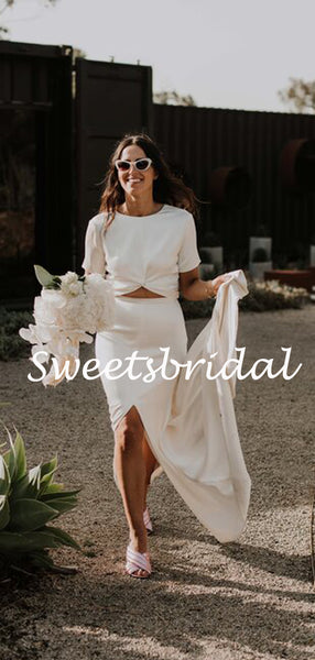 Charming Round-neck Side Slit A-line Short Sleeve Long Wedding Dresses,WD1151