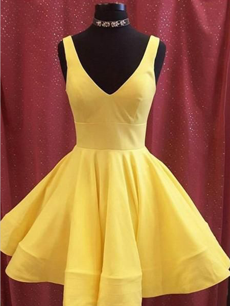 Cheap Yellow V Neck Satin A Line Short Homecoming Dress, BTW171