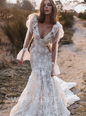 Sexy V-neck Long sleeves Mermaid Wedding Dresses,DB0198
