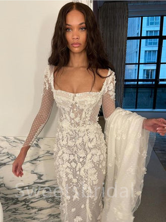 Sexy Square neckline Long sleeves Mermaid Lace applique Wedding Dresses, DB0200