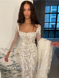 Sexy Square neckline Long sleeves Mermaid Lace applique Wedding Dresses, DB0200
