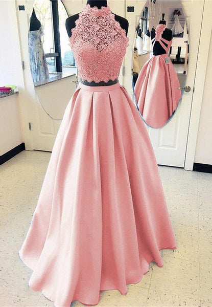 Two Pieces Elegant A-line High Neck Open Back Long Prom Dress ,MD336