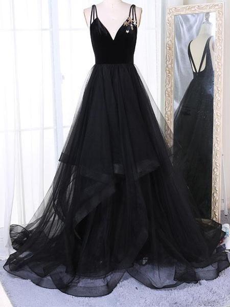 Popular V-Neck Spaghetti Strap Backless Black Tulle Long Evening Prom Dresses,MD325
