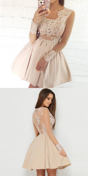 Elegant Square Neckline Long sleeves Lace Top A Line Short Homecoming Dress, BTW180
