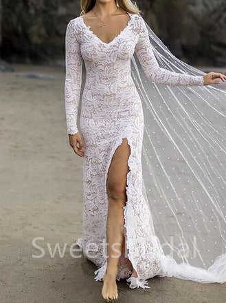 Sexy V-neck Long sleeves Side slit Mermaid Lace applique Wedding Dresses,DB0307