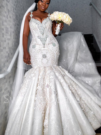 Sexy V-neck Spaghetti straps Mermaid Lace applique Wedding Dresses,DB0288