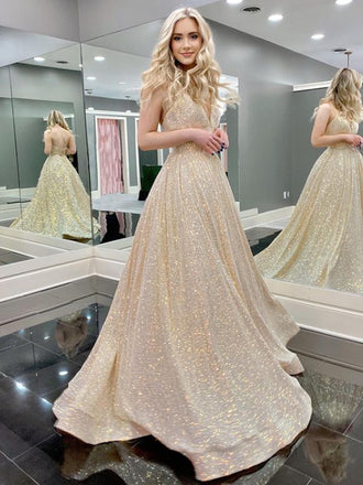 Simple V-neck A-line Sequin Cheap Long Prom Dresses.SW1209