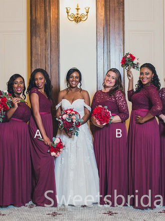 Mismatched Long sleeves A-line Pleats Side slit Elegant Simple Long Bridesmaid Dresses,SWE1284