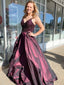 A-line V-neck Spaghetti Strap Satin Sequin Long Prom Dresses.SW1187