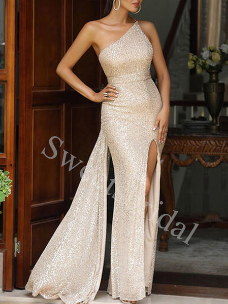 Elegant One shoulder Side slit Mermaid Prom Dresses,SW1792