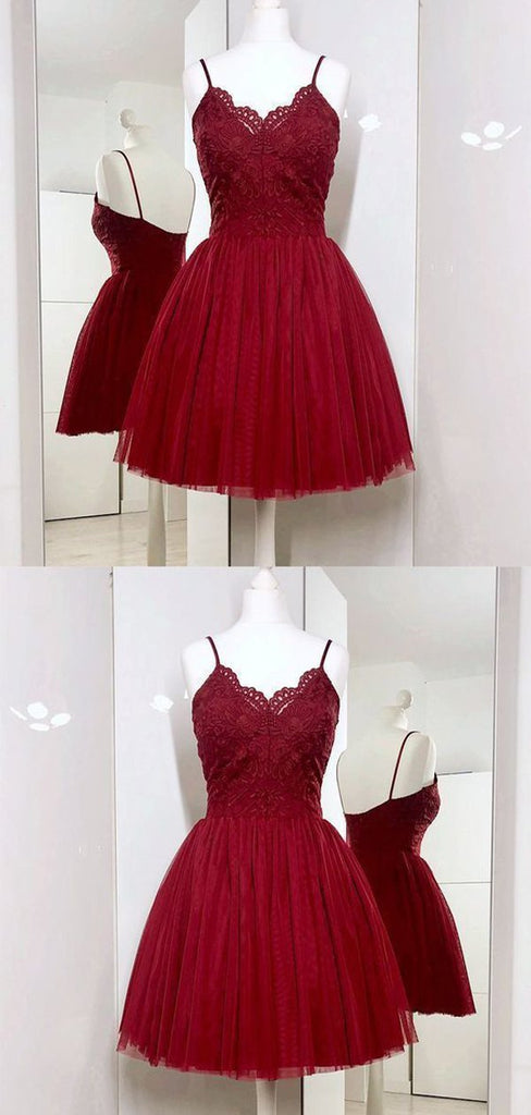 Elegant Spaghetti Strap Lace Top Tulle A Line Short Homecoming Dress, BTW211